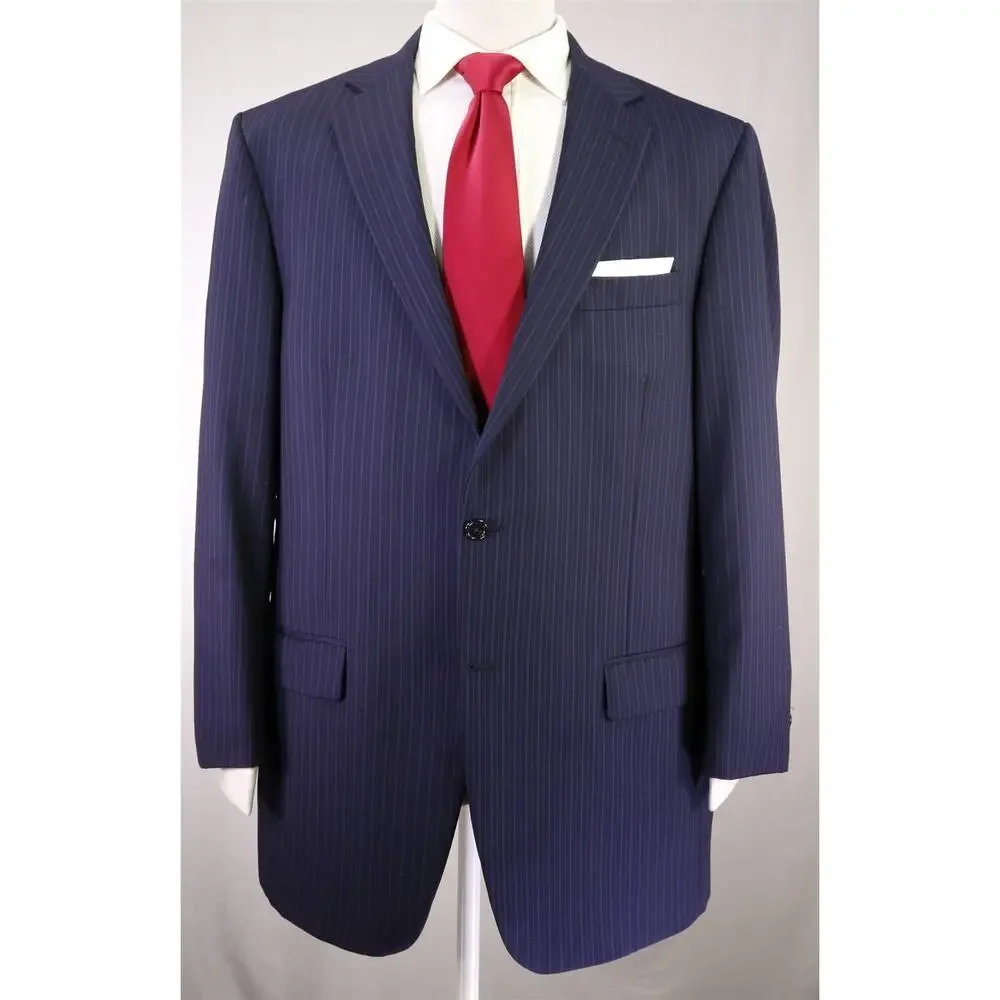 Hart Schaffner Marx Very Recent Navy Blue Striped 2-Btn Wool Suit 44L